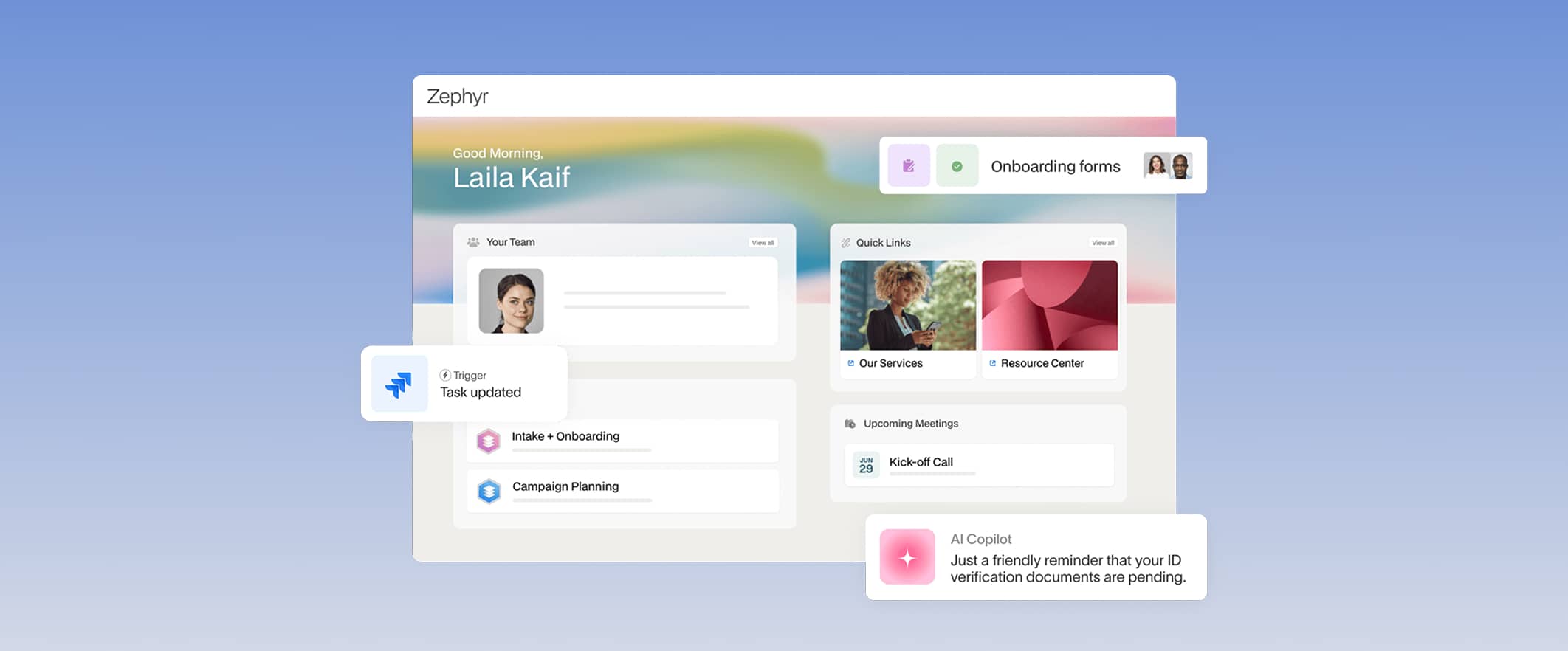 Client portal interface showing upcoming tasks and progress updates in a branded workspace