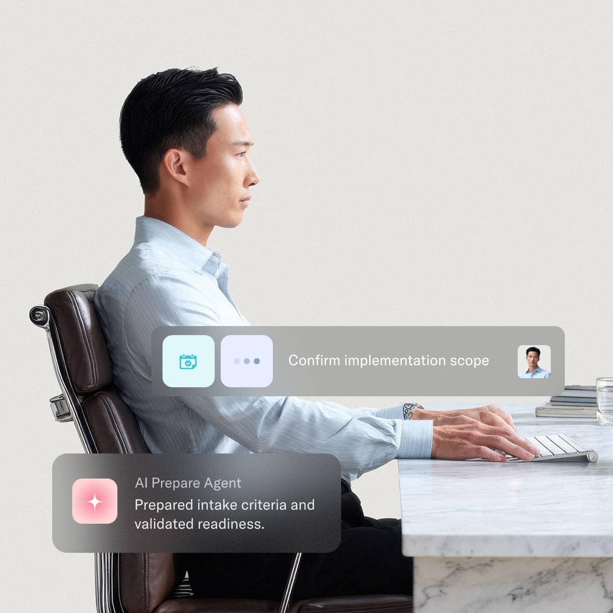 Side view of a woman with red hair wearing a pink blouse, looking at her smartphone with AI review notifications about tax document review and approval.