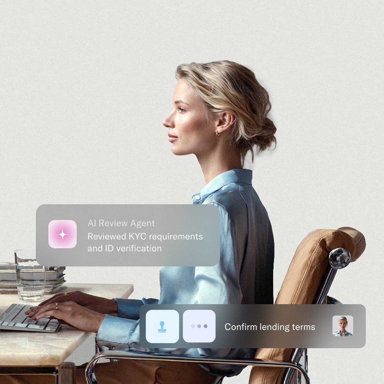 Side view of a woman with red hair wearing a pink blouse, looking at her smartphone with AI review notifications about tax document review and approval.