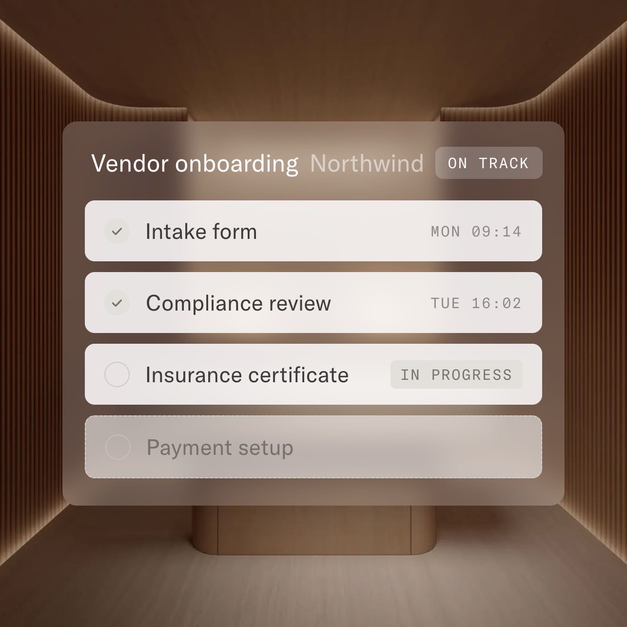 Live vendor onboarding flow with completed steps, an in-progress insurance certificate step, and an upcoming payment step