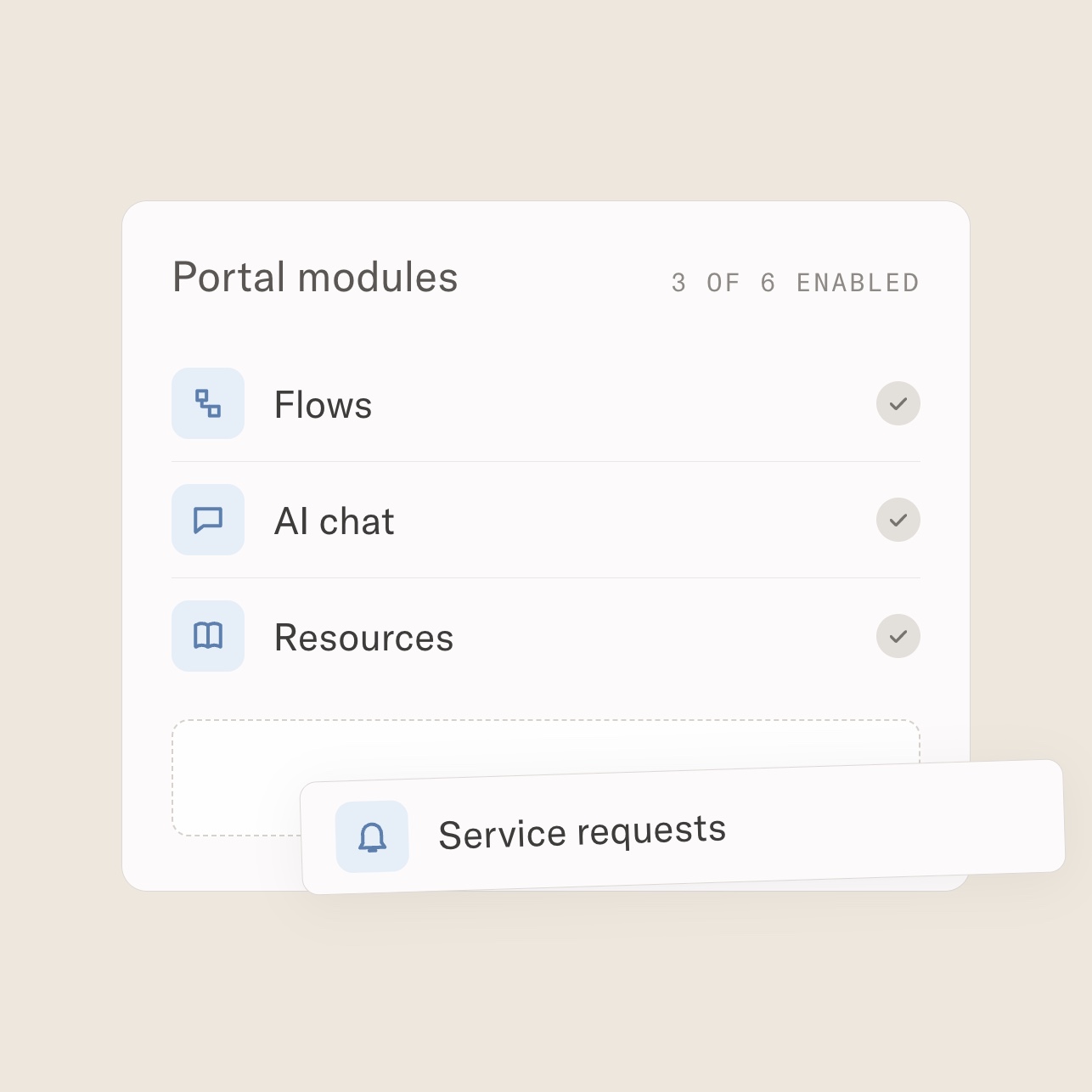 Portal modules configuration card showing Flows, AI chat, and Resources enabled, with a Service requests module being dragged in