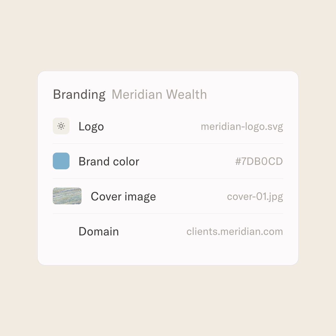 Portal branding settings card with logo, brand color, cover image, and custom domain on alabaster
