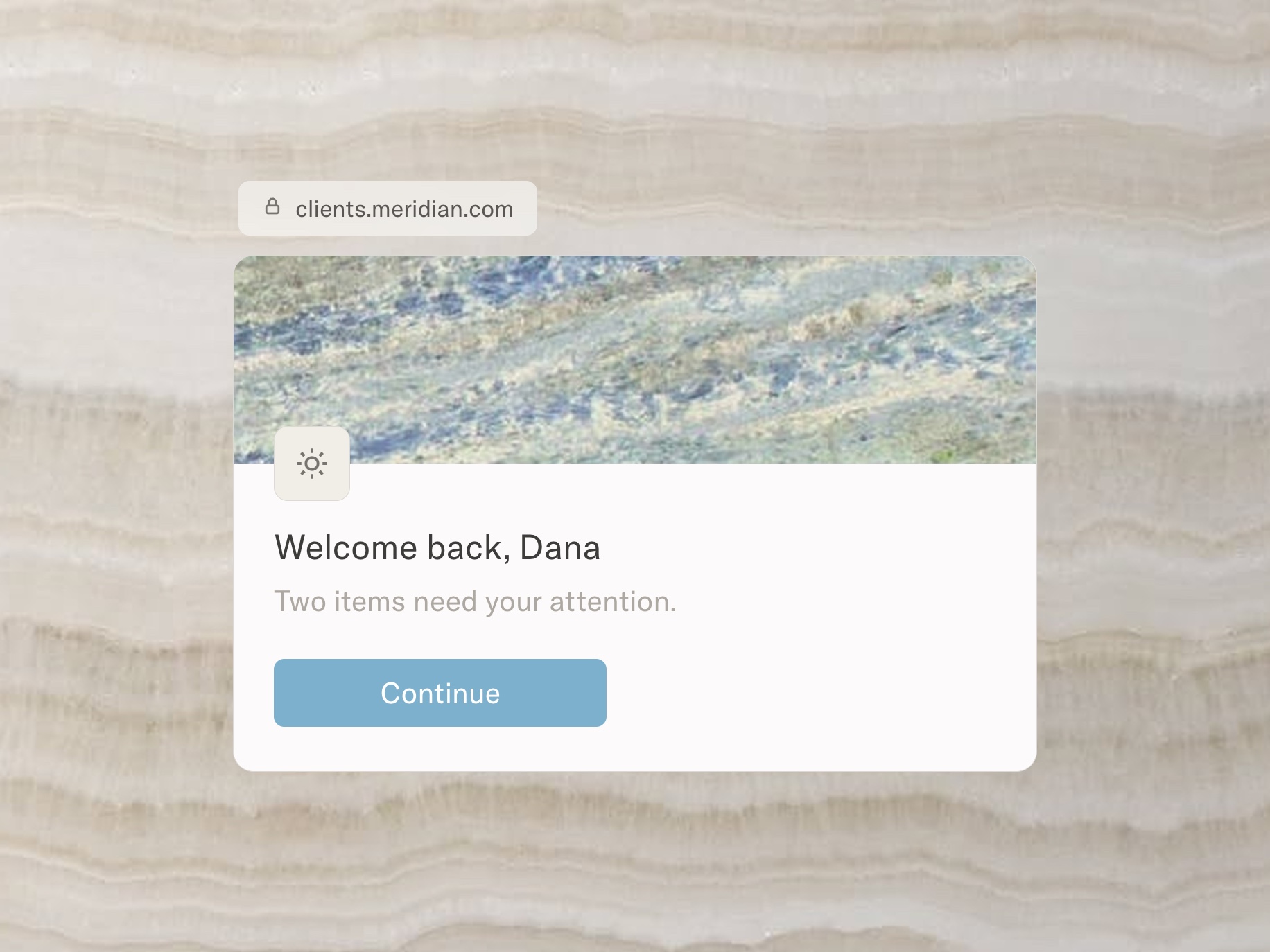 Branded client portal on a custom domain with firm logo, cover, welcome message, and brand color button