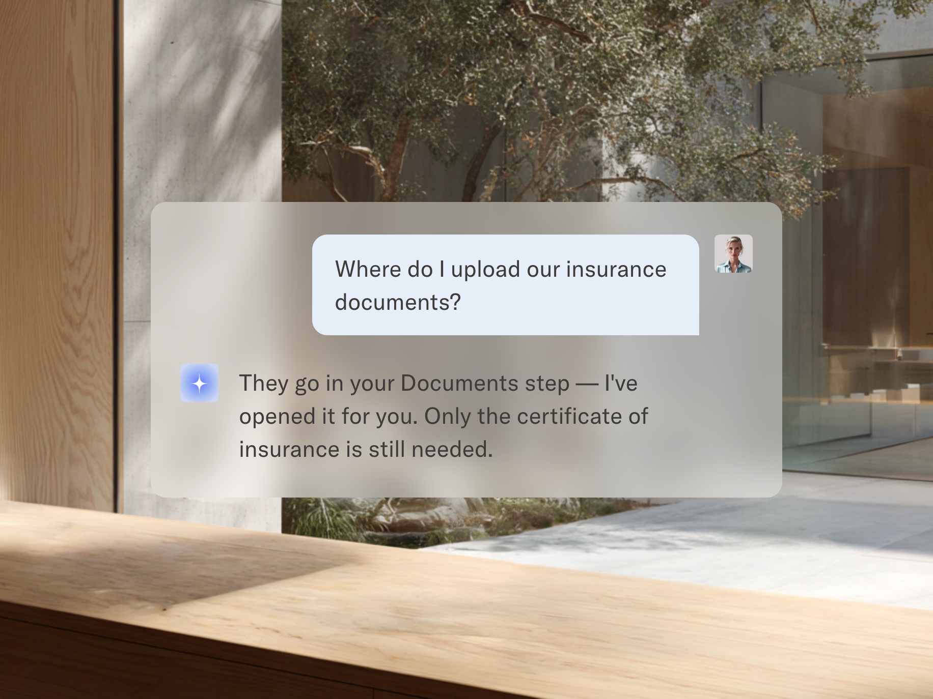 AI concierge chat where a client asks where to upload insurance documents and the concierge guides them to the right step