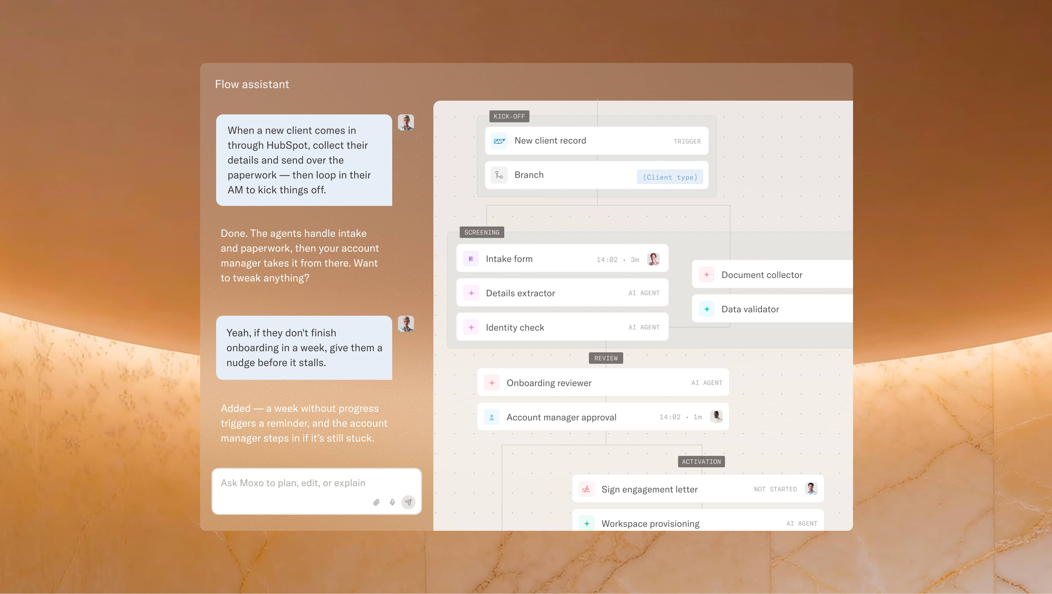 A vendor onboarding flow running in Moxo, with human steps and AI agents side by side