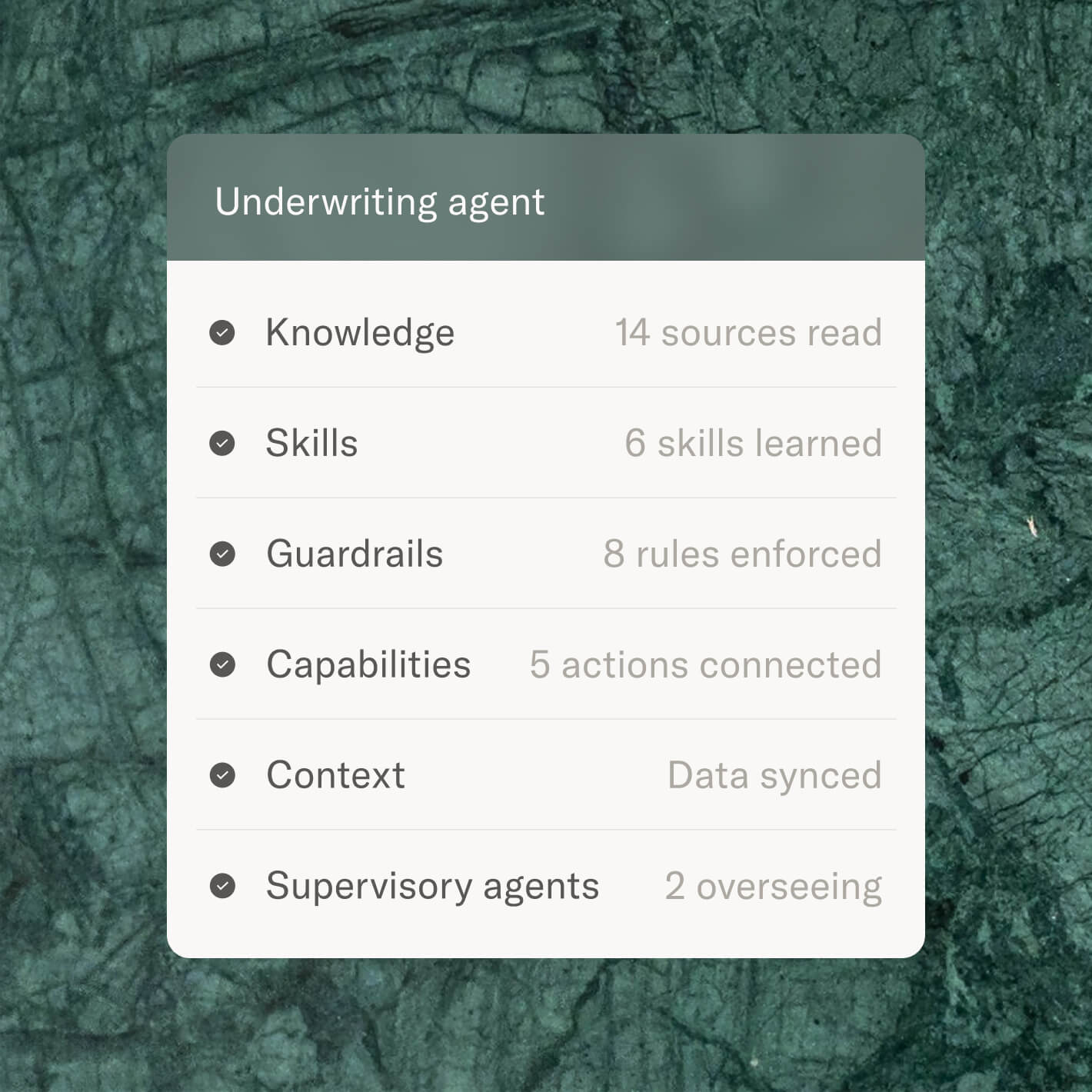 An agent spec card showing what the match check agent is trained on and its scope