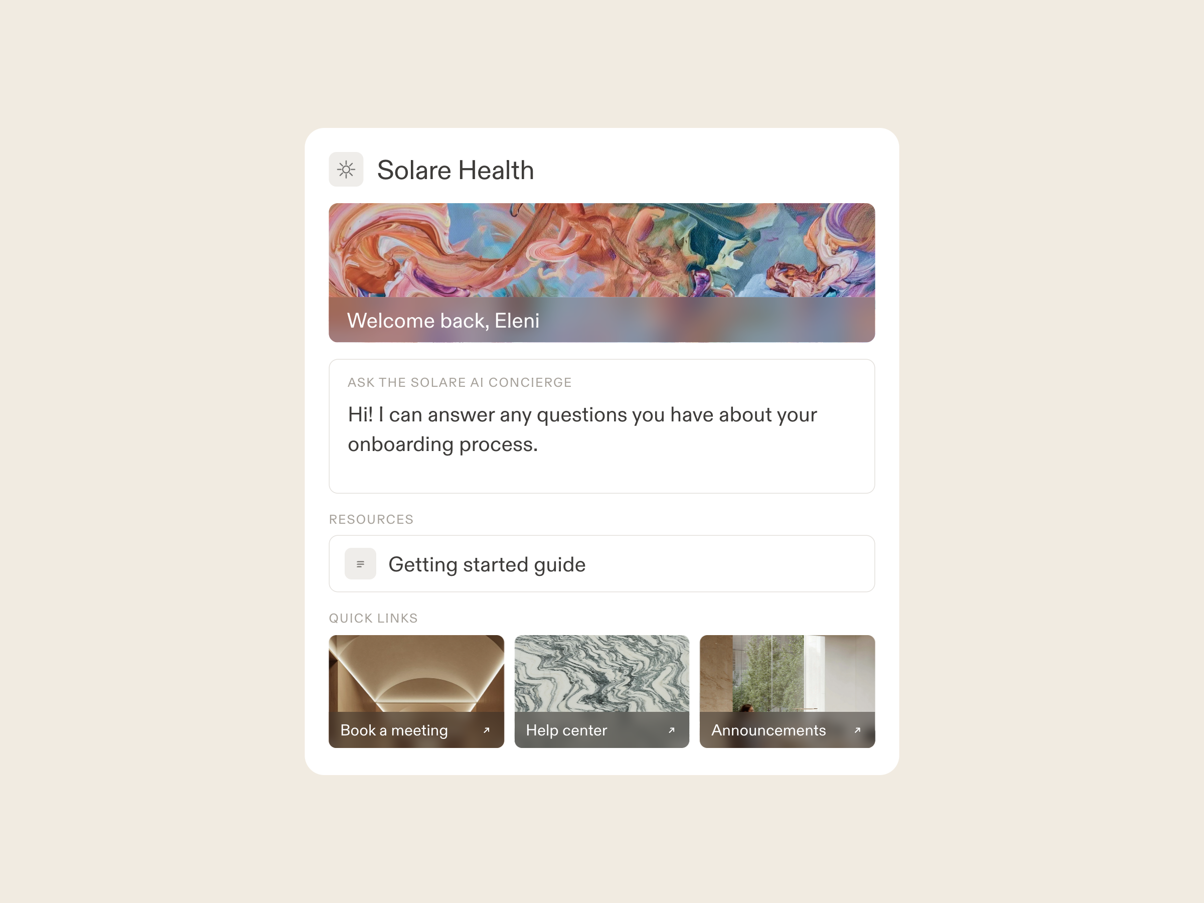 A member of a branded Solare Health client portal completing onboarding, with the workflow and AI concierge behind it