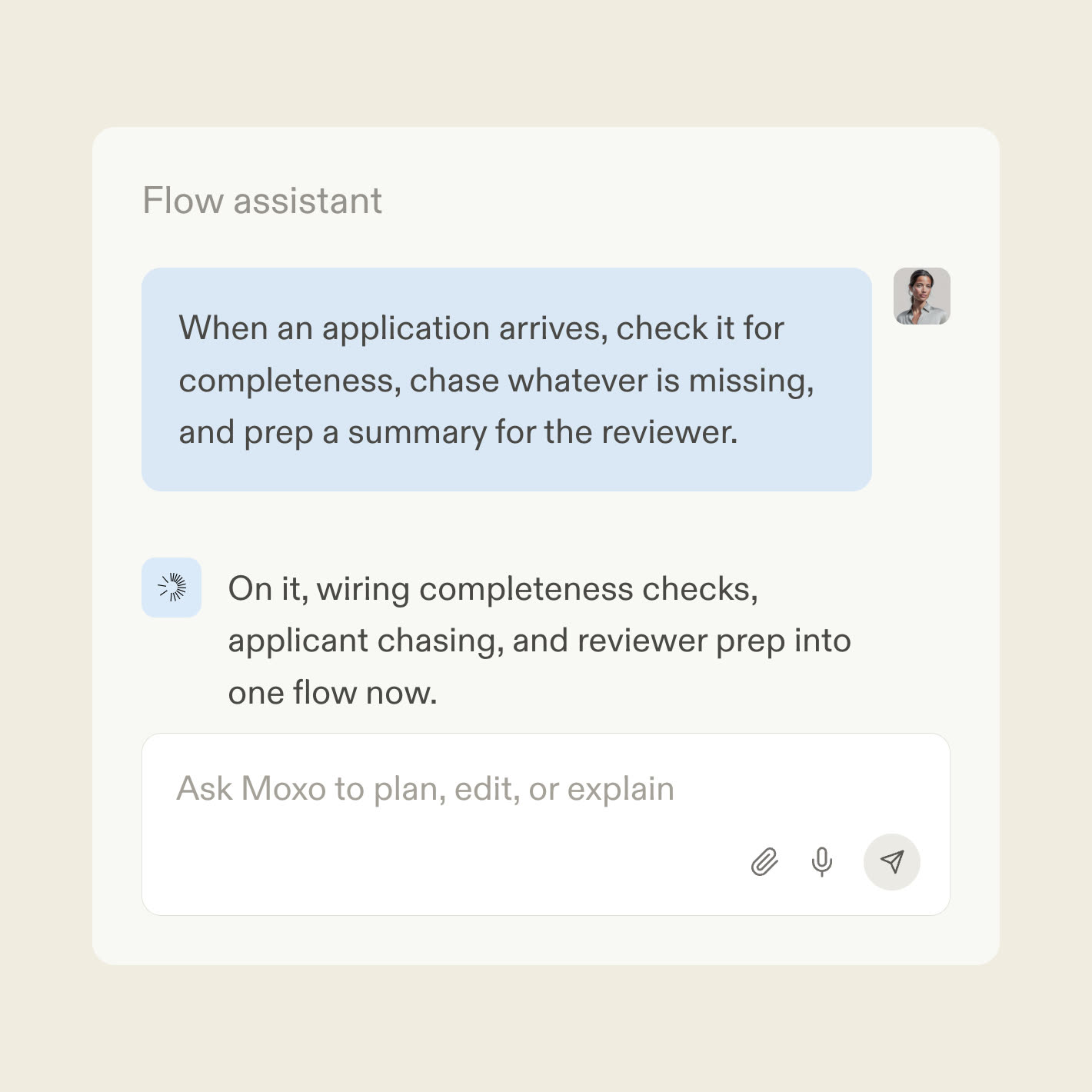 The Moxo flow assistant turning a plain language description into an application workflow