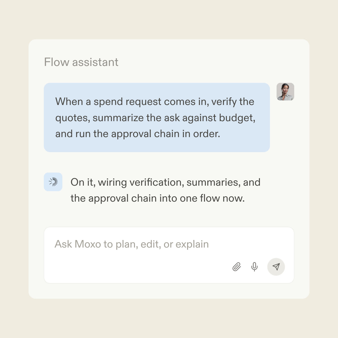 The Moxo flow assistant turning an approval policy into a workflow
