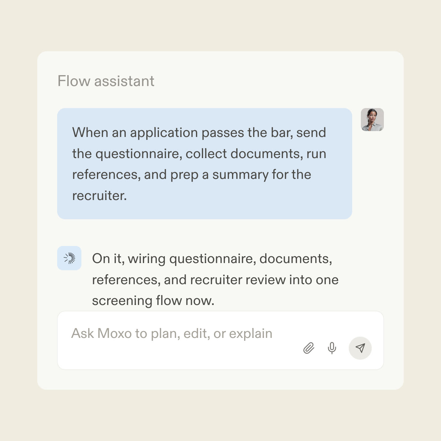 The Moxo flow assistant turning a screening rubric into a candidate workflow