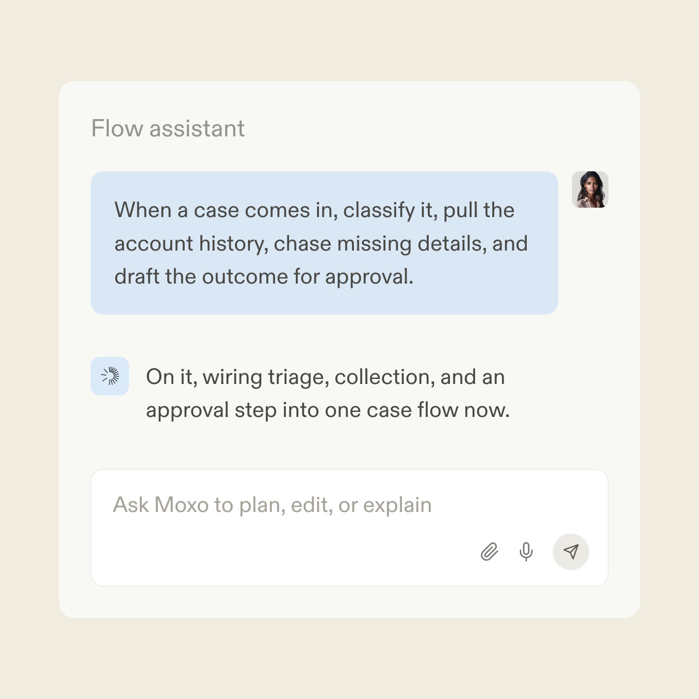 The Moxo flow assistant turning a case playbook into a resolution workflow