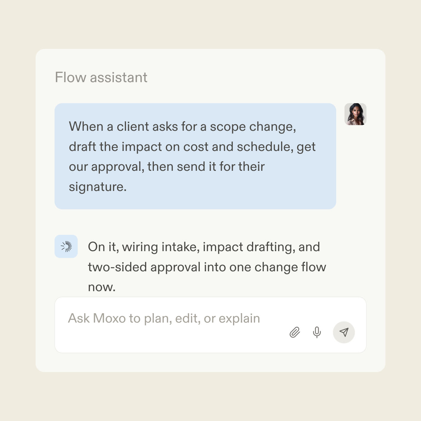 The Moxo flow assistant turning a change template into a request workflow