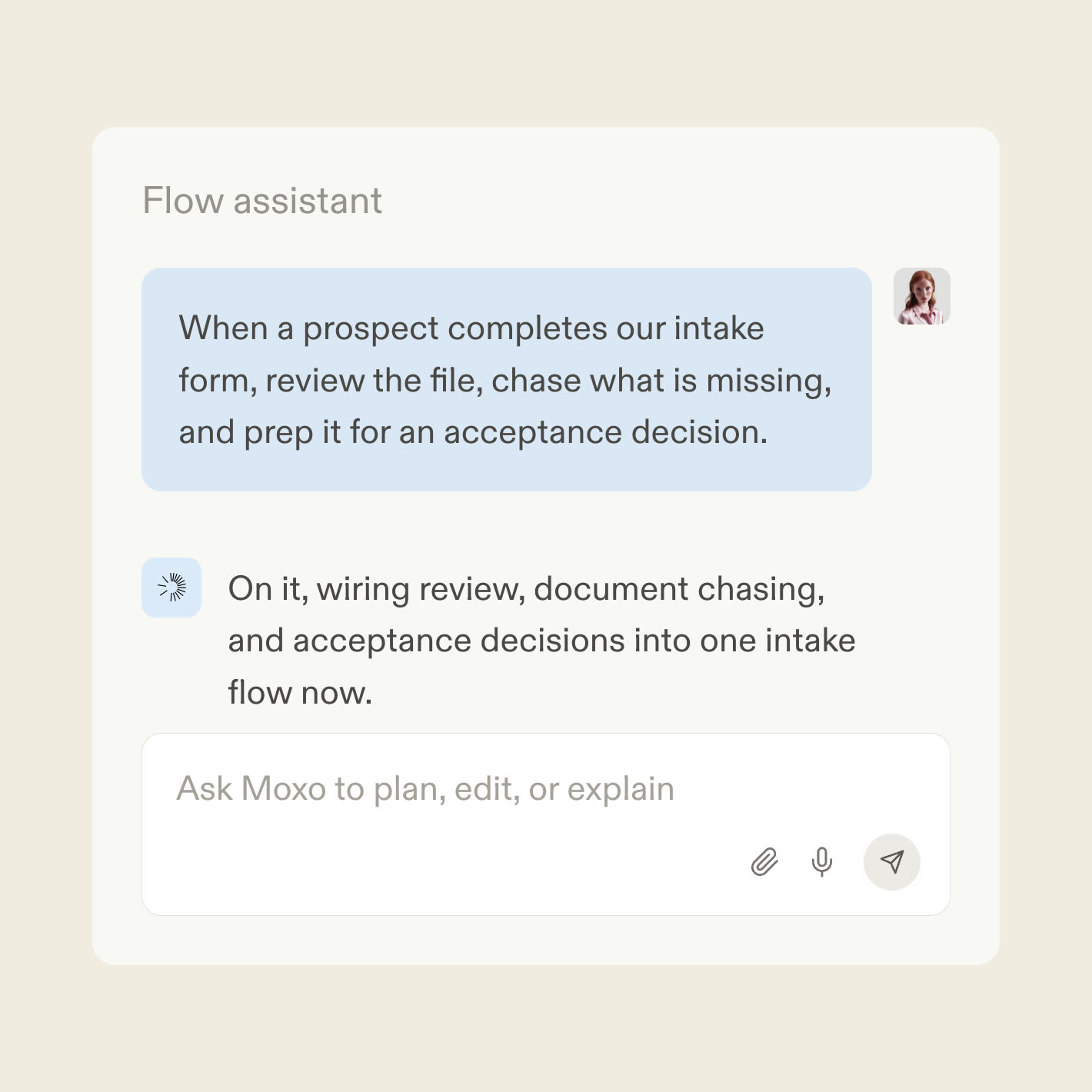 The Moxo flow assistant turning an intake checklist into a client workflow