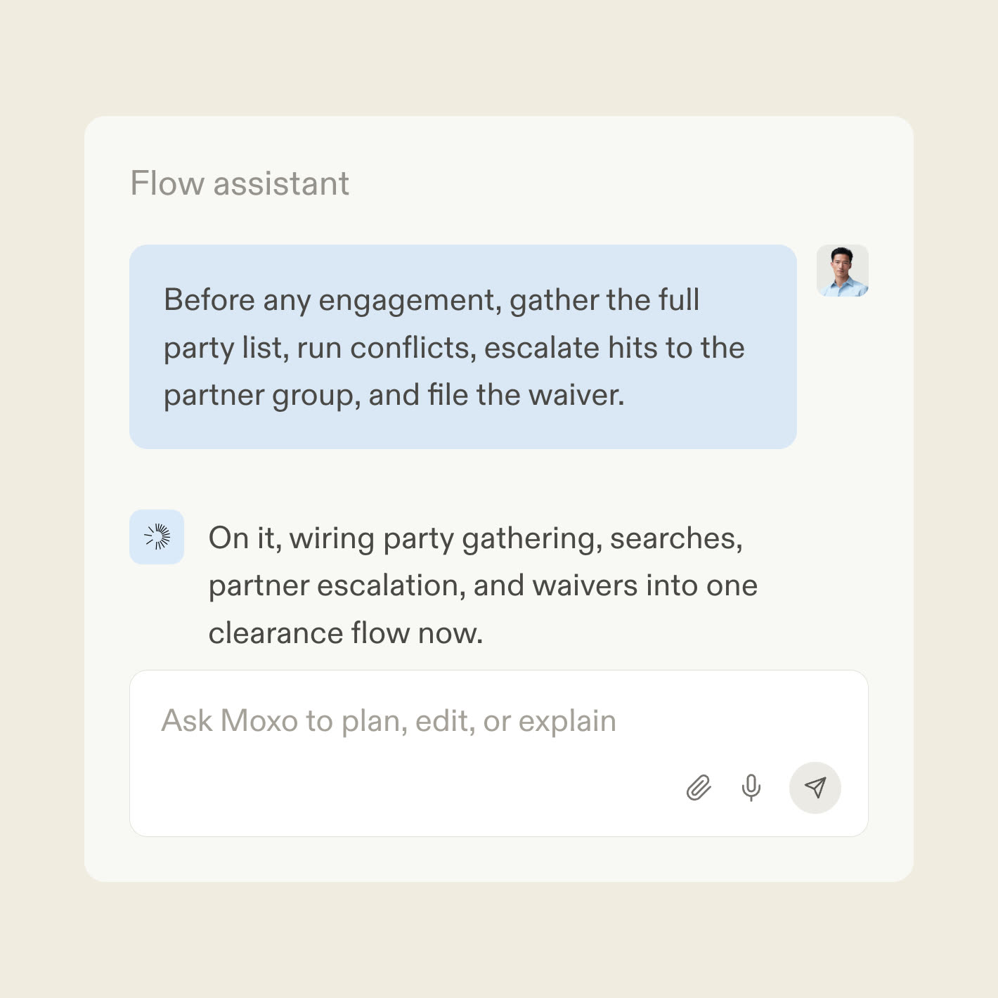 The Moxo flow assistant turning a clearance policy into a conflict check workflow