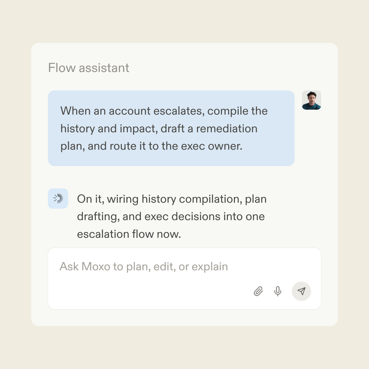 The Moxo flow assistant turning a save playbook into an escalation workflow