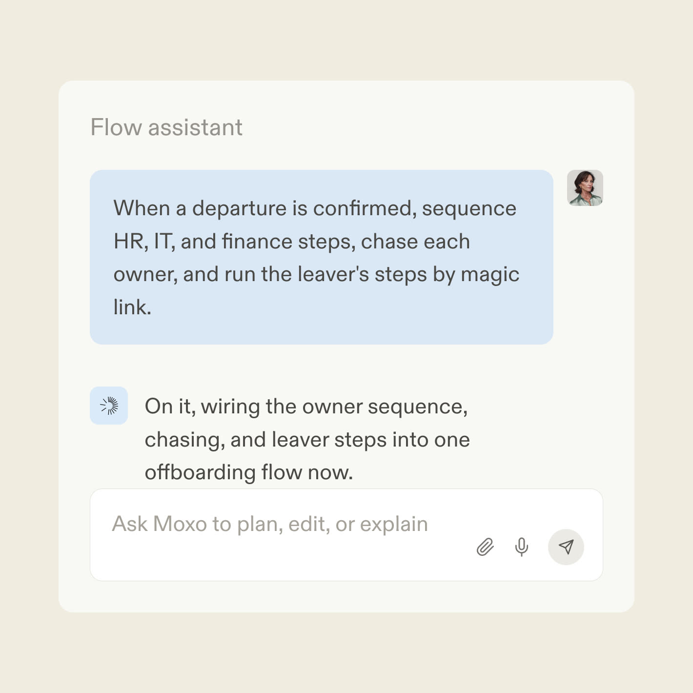The Moxo flow assistant turning an offboarding checklist into a workflow