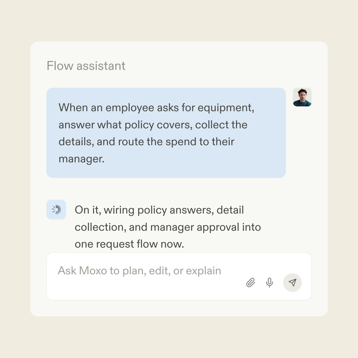 The Moxo flow assistant turning an HR policy into a request workflow