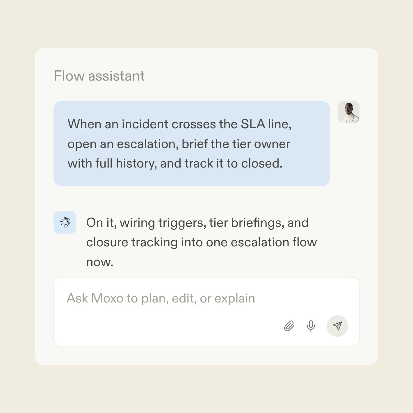 The Moxo flow assistant turning an escalation runbook into a workflow