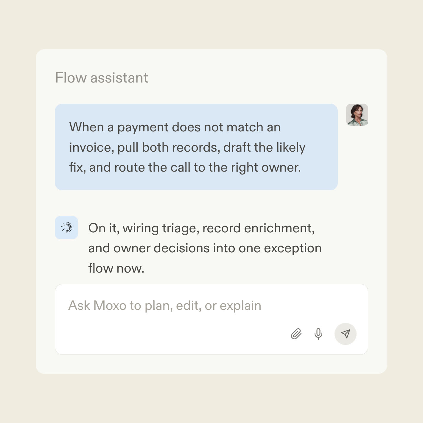 The Moxo flow assistant turning an exception runbook into a workflow