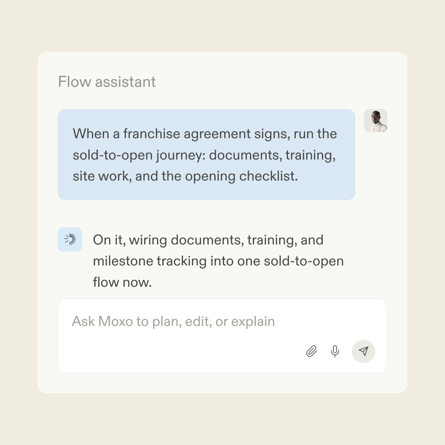 The Moxo flow assistant turning a development checklist into a franchise workflow