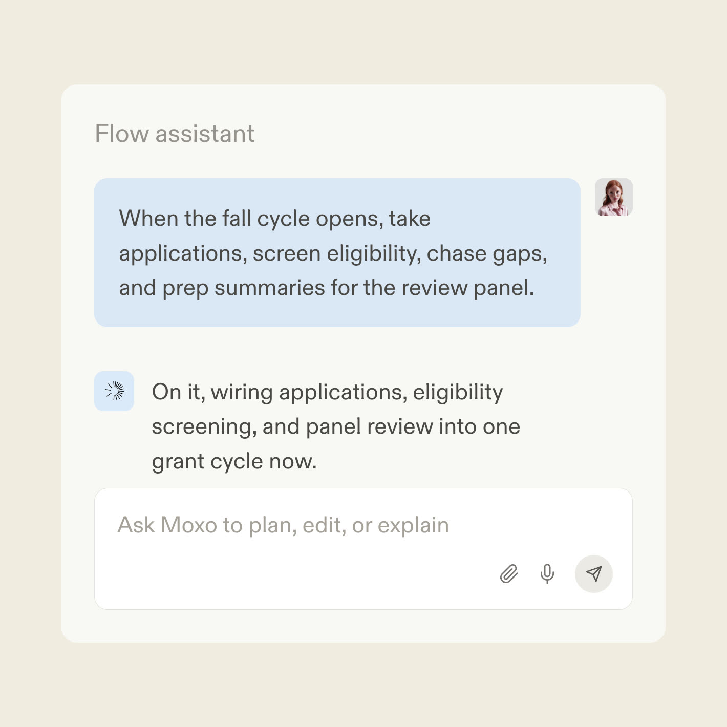 The Moxo flow assistant turning grant guidelines into a cycle workflow