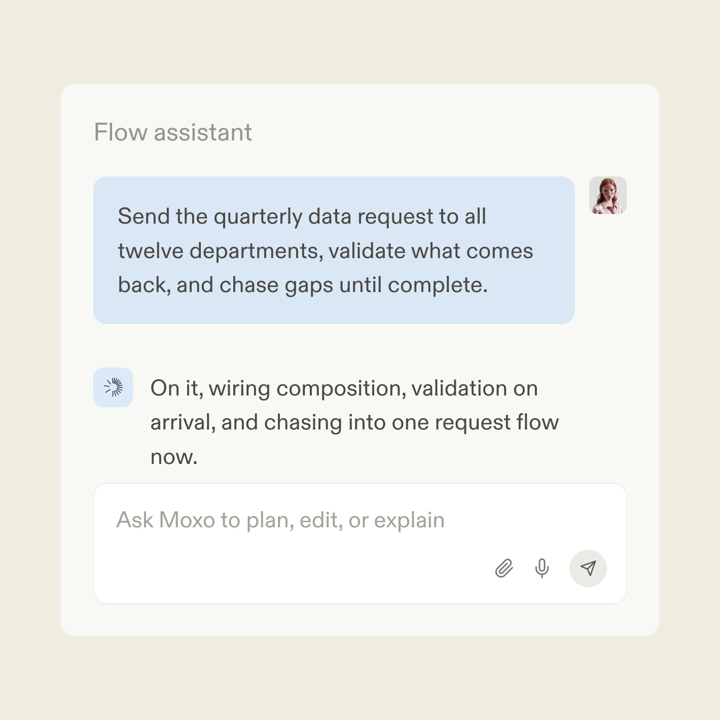 The Moxo flow assistant turning a request list into an information workflow