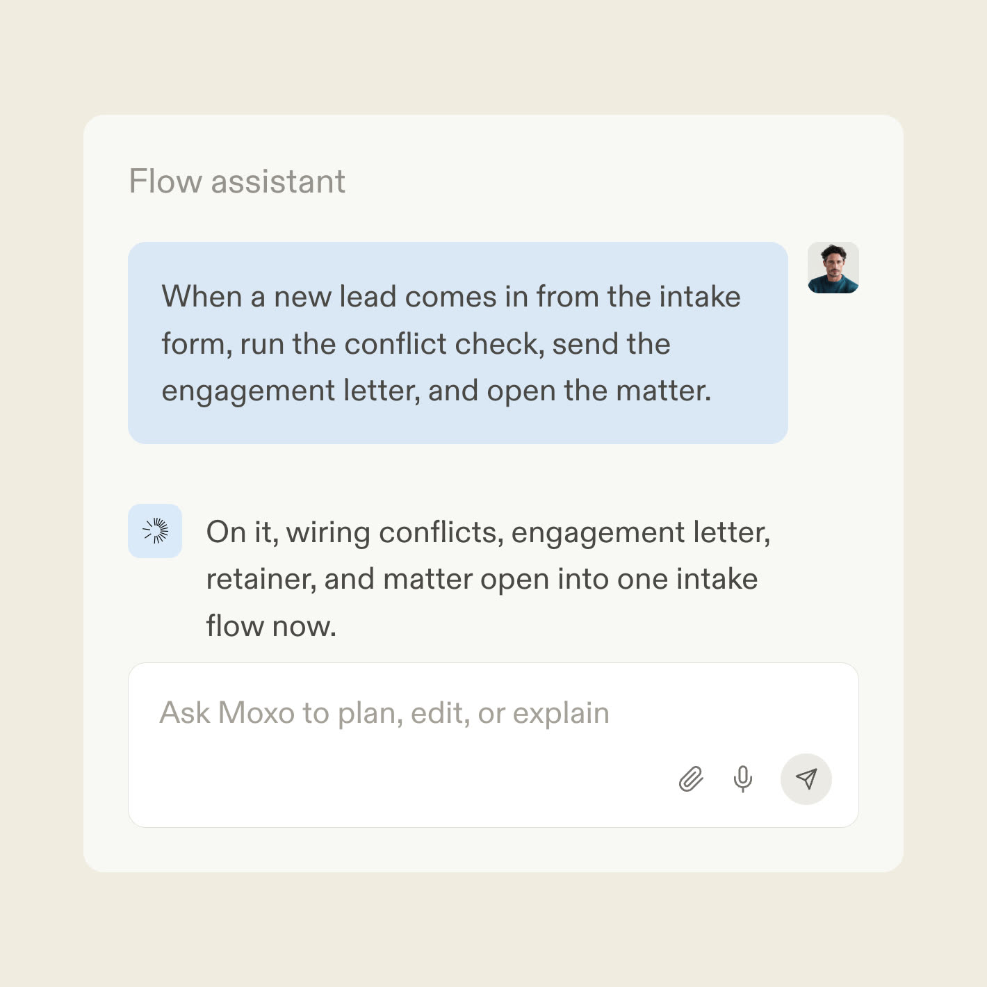 The Moxo flow assistant turning a plain language description into a legal intake workflow