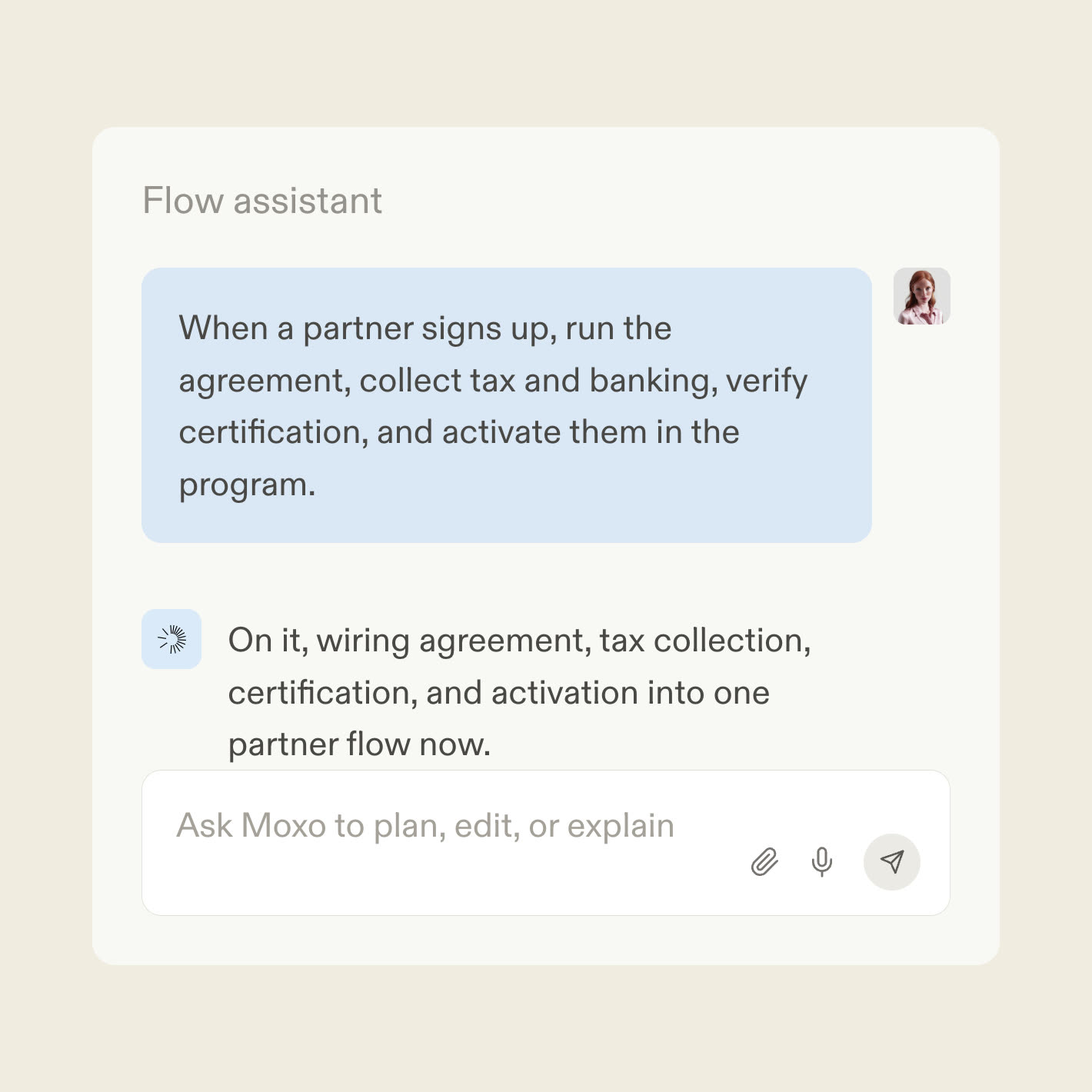 The Moxo flow assistant turning a partner program guide into an onboarding workflow
