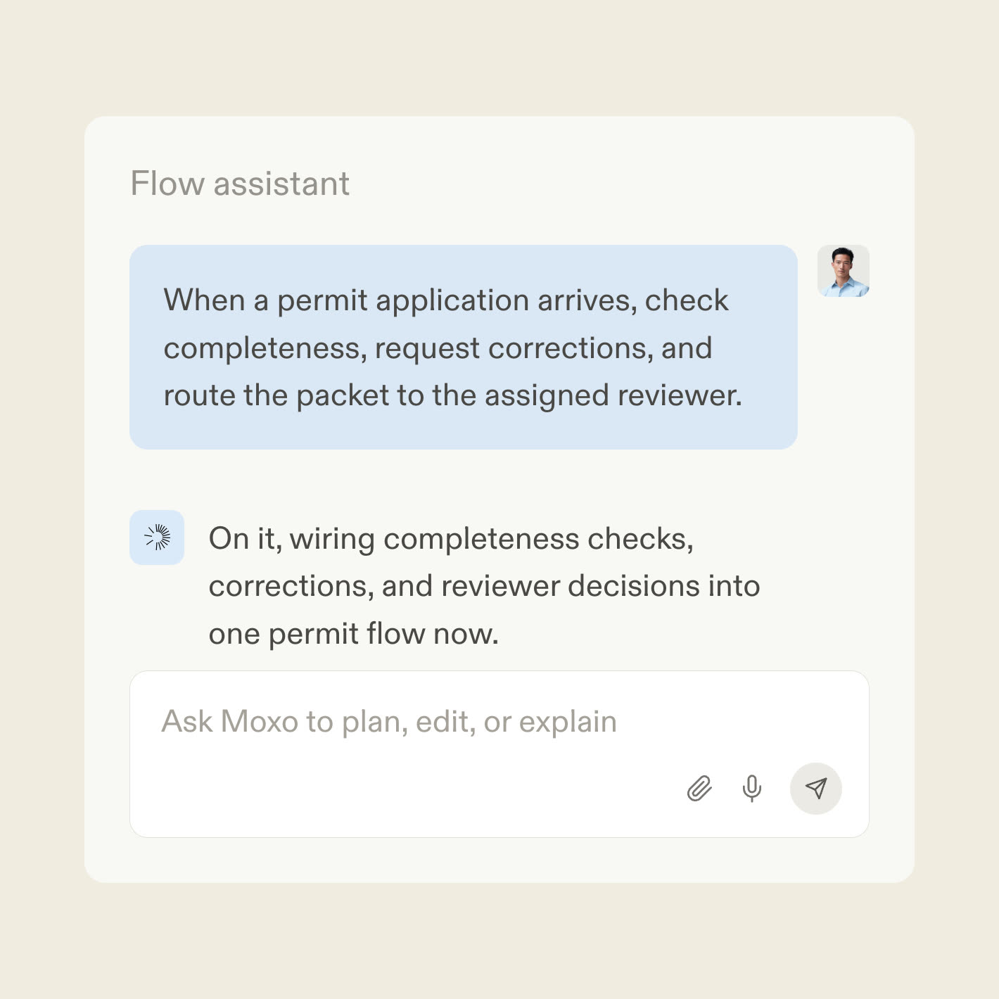 The Moxo flow assistant turning permit requirements into a review workflow