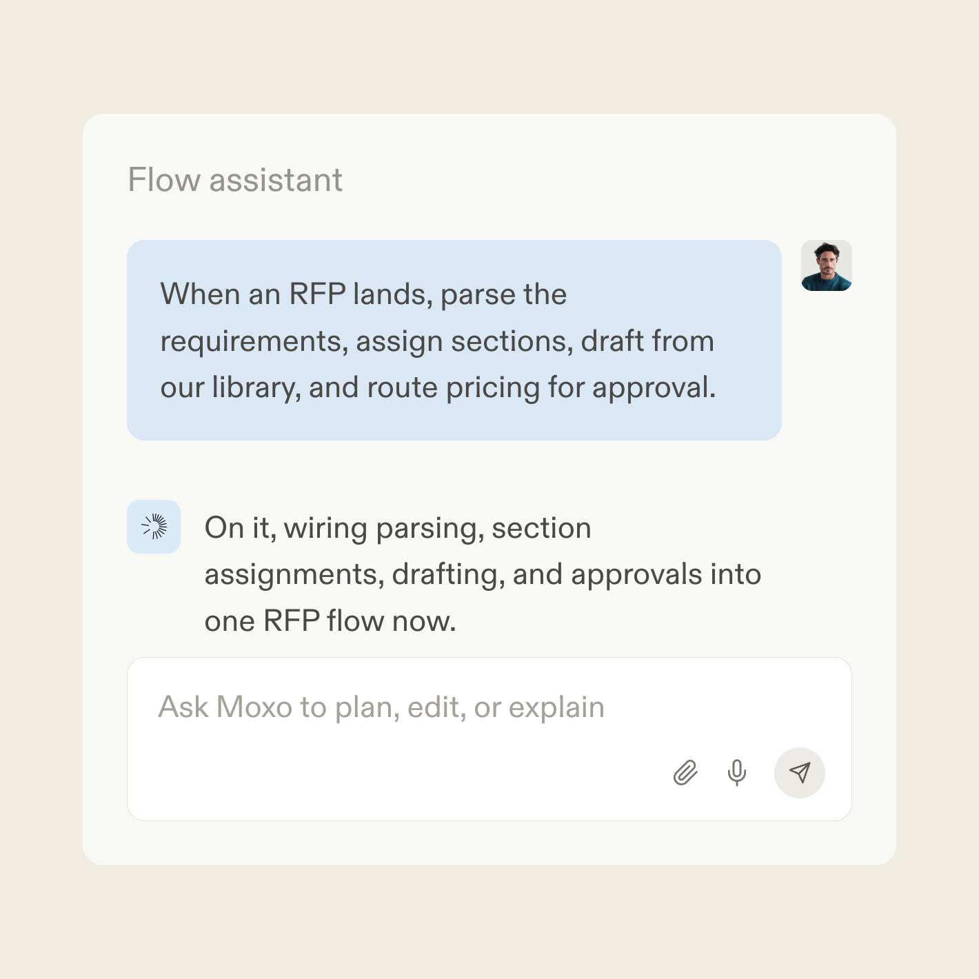 The Moxo flow assistant turning an RFP process into a response workflow