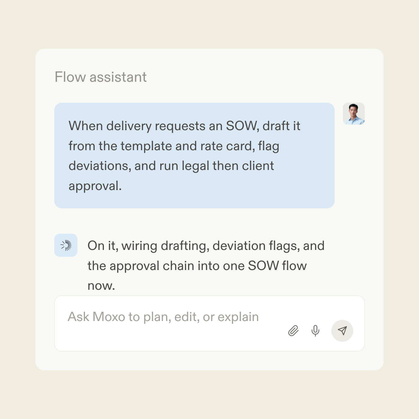 The Moxo flow assistant turning an SOW template into a review workflow
