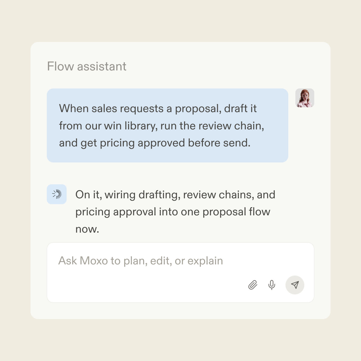 The Moxo flow assistant turning a proposal process into a workflow