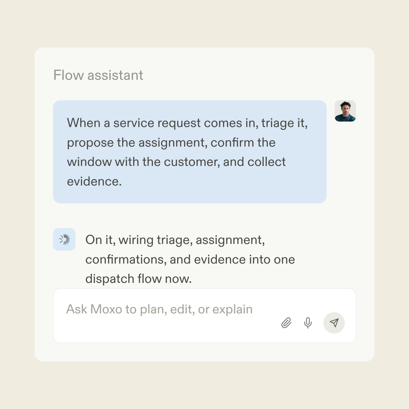 The Moxo flow assistant turning a dispatch runbook into a workflow