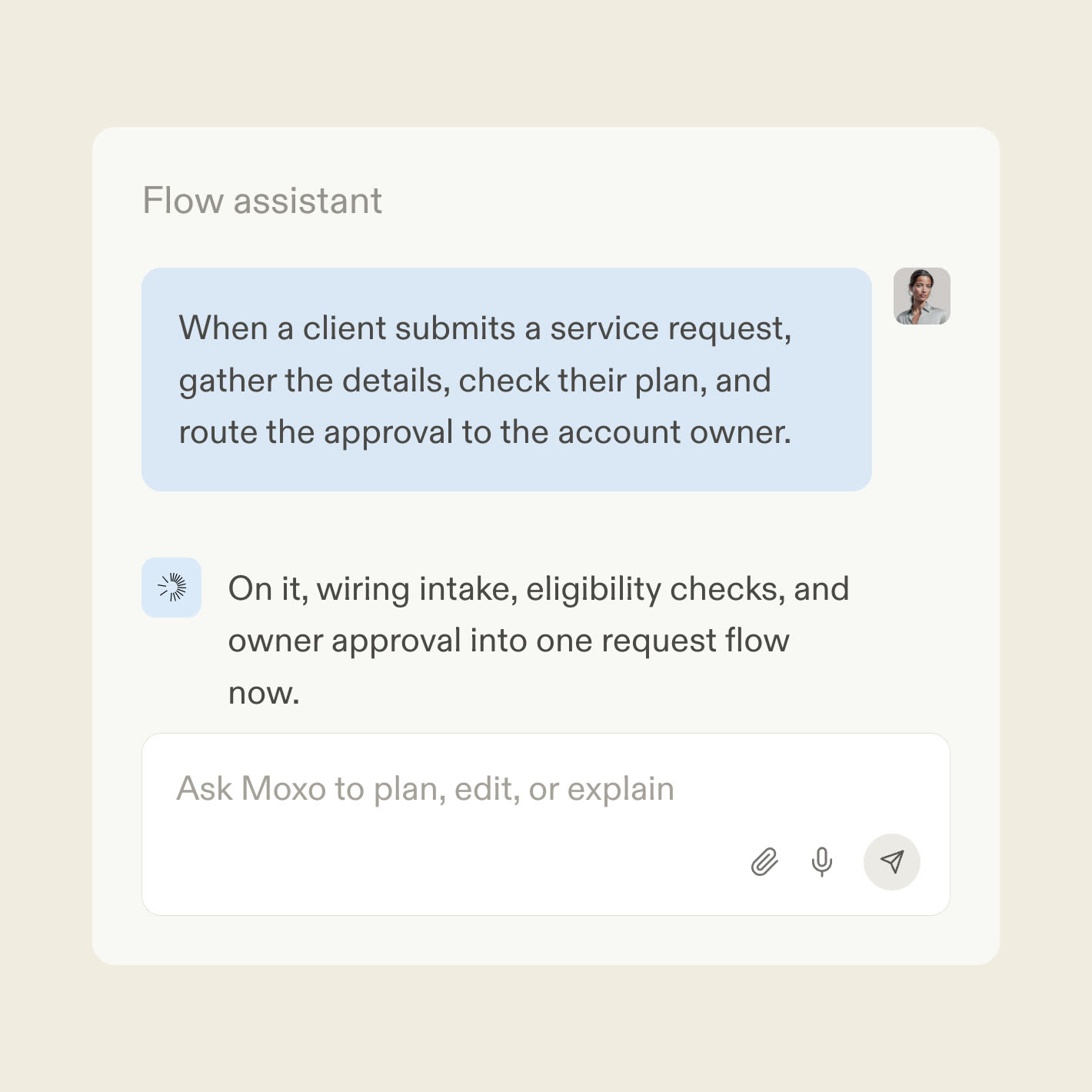 The Moxo flow assistant turning a request catalog into a workflow