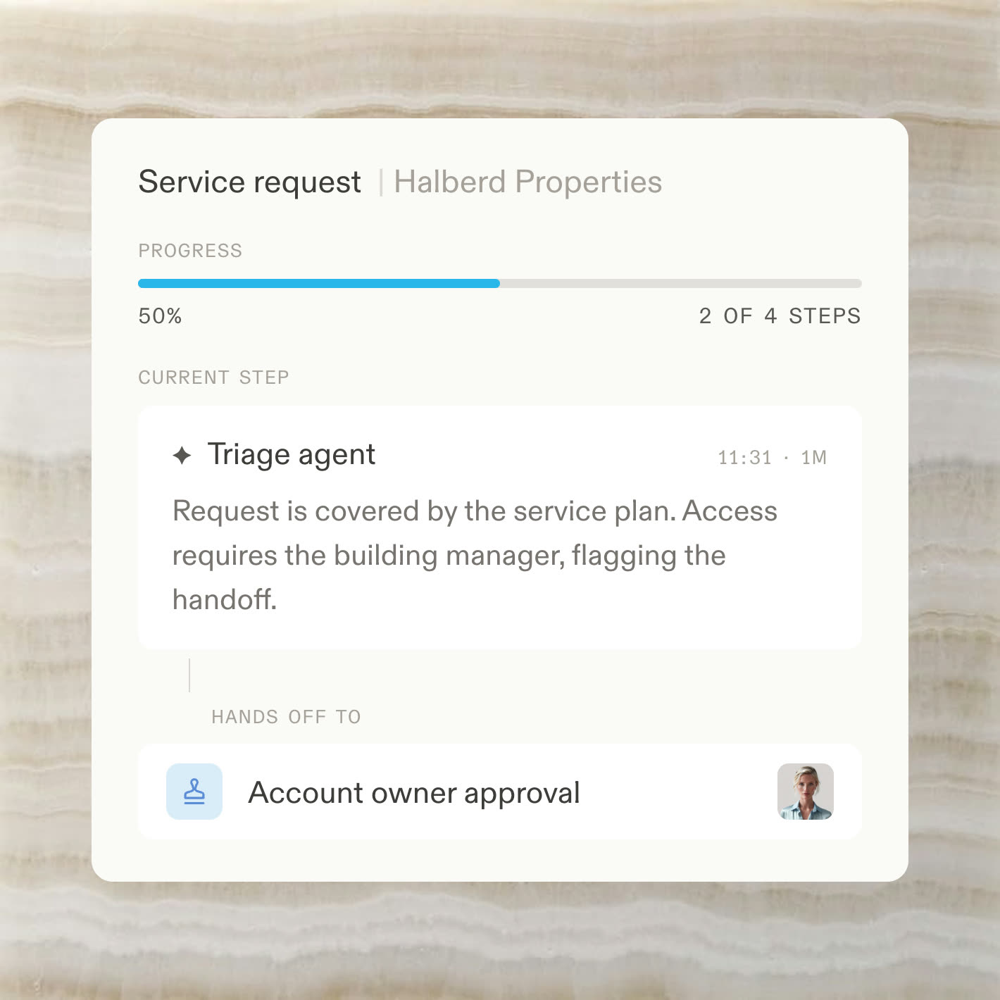 A service request flow handing off a prepped approval to an owner