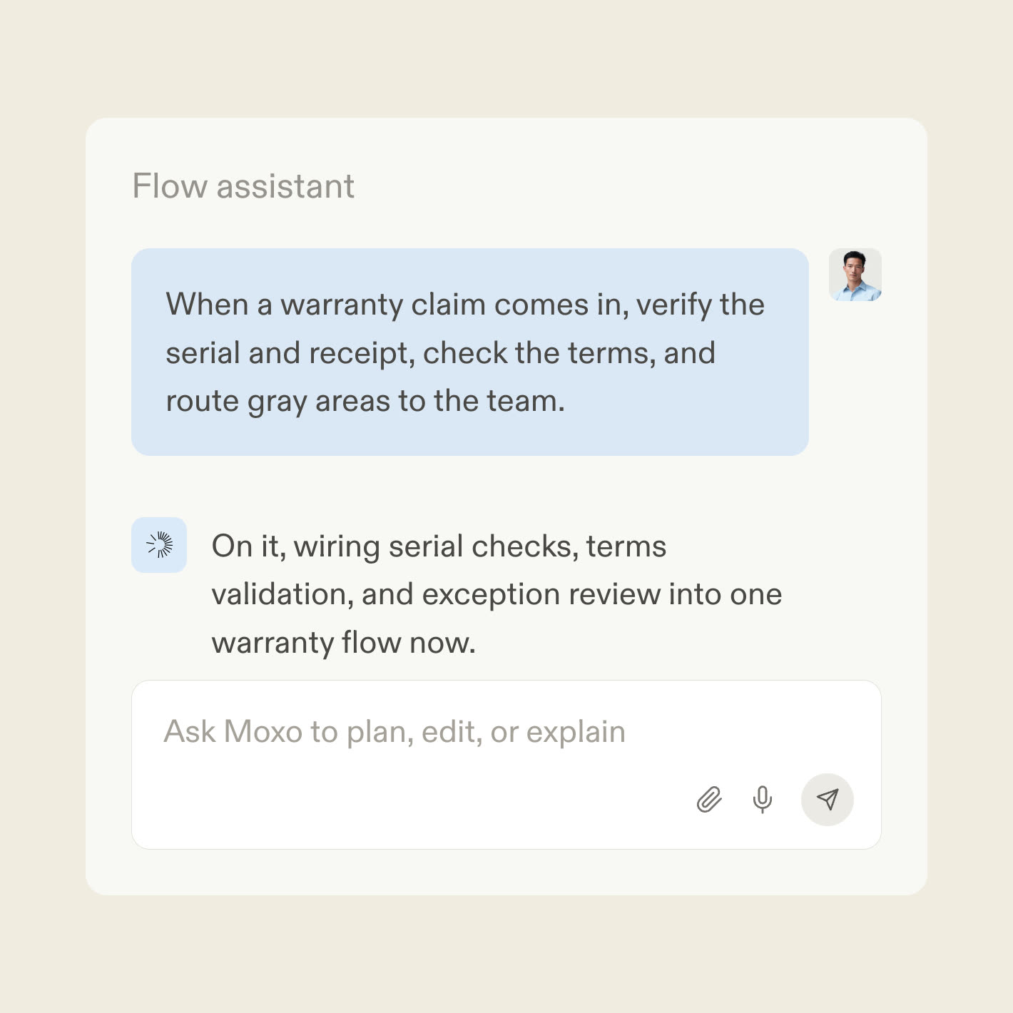 The Moxo flow assistant turning warranty terms into a claims workflow