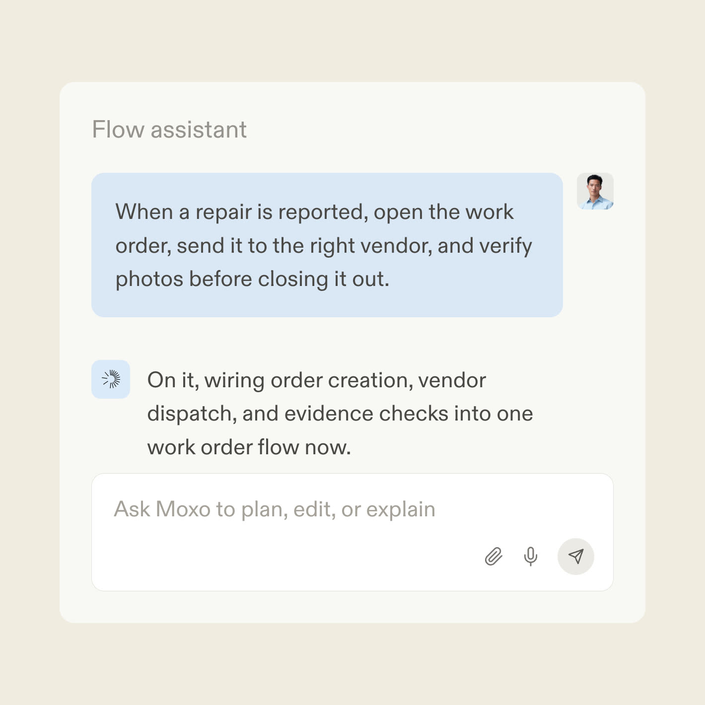 The Moxo flow assistant turning a work order SOP into a workflow