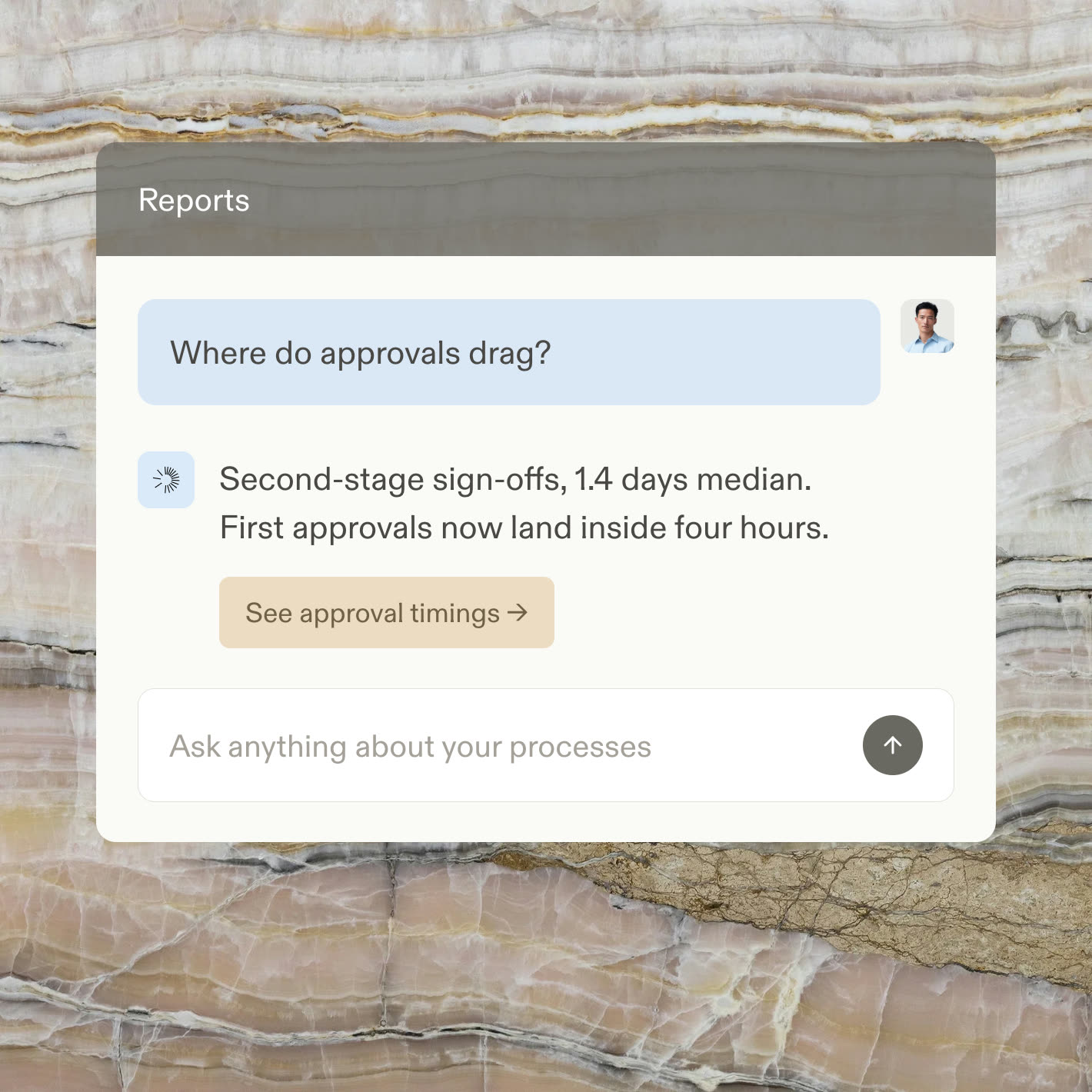 A reports chat answering which approvals are waiting the longest