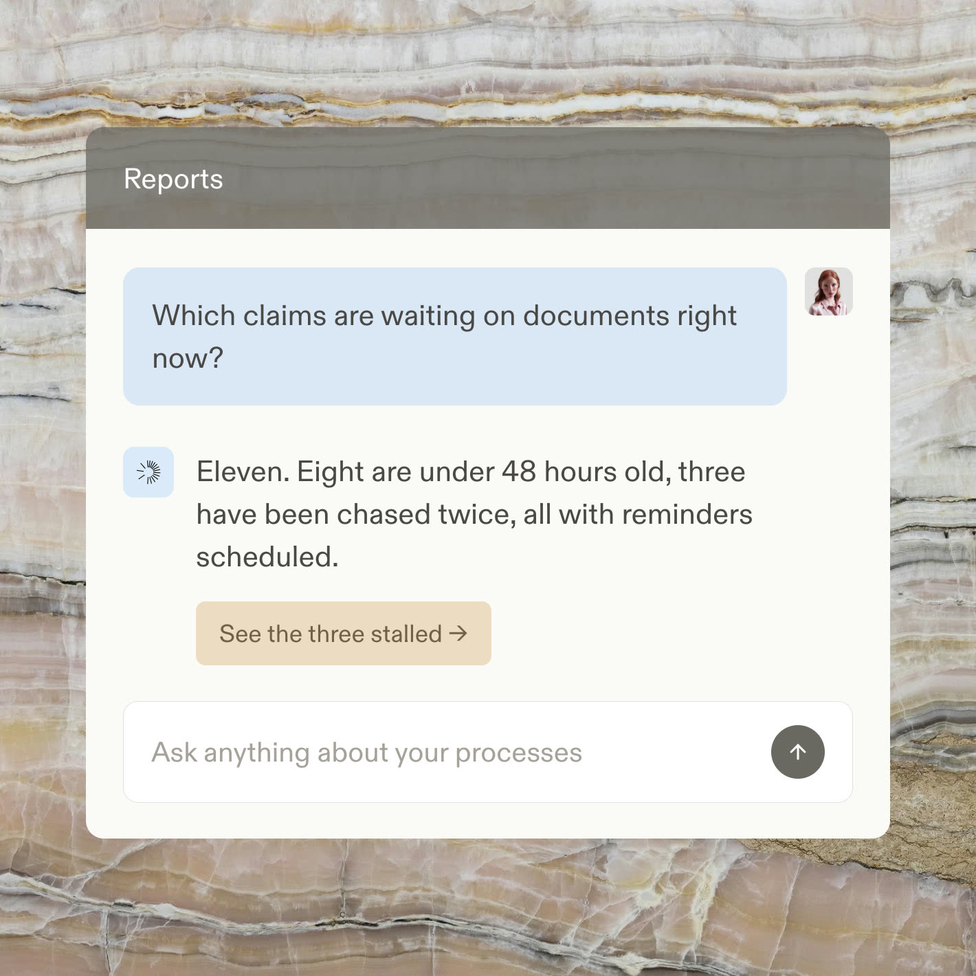 A reports chat answering which claims are waiting on documents