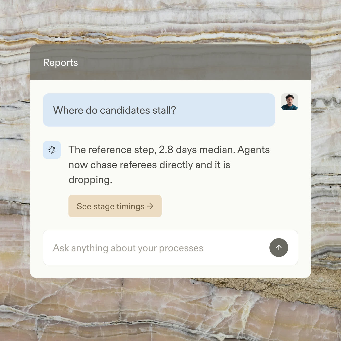 A reports chat answering where candidates stall in screening