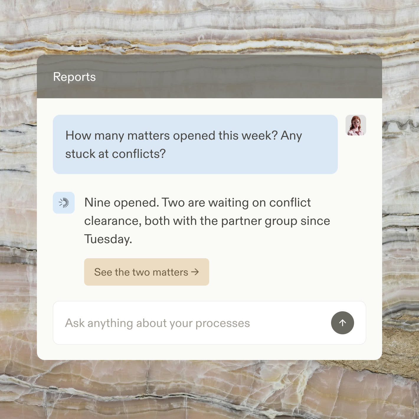 A reports chat answering how many matters opened this week