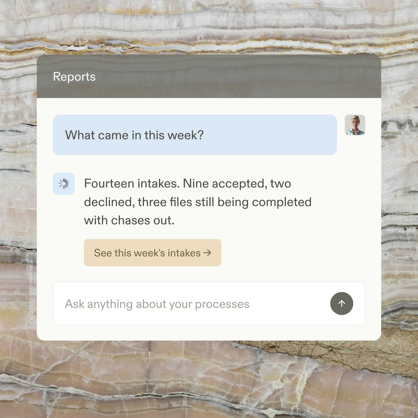A reports chat answering how many client intakes arrived this week