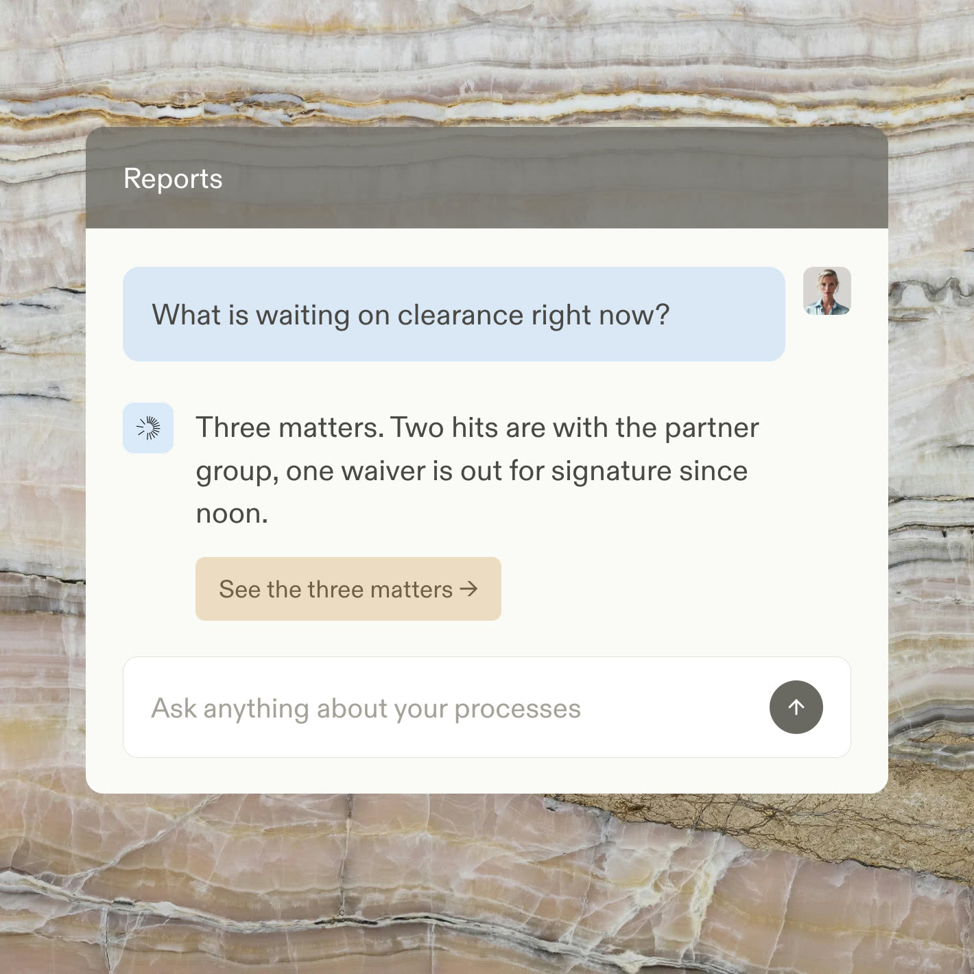 A reports chat answering which matters are waiting on conflict clearance
