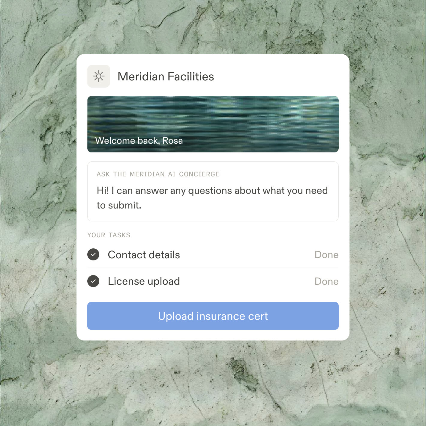 A branded page where a contractor uploads a license and insurance certificate