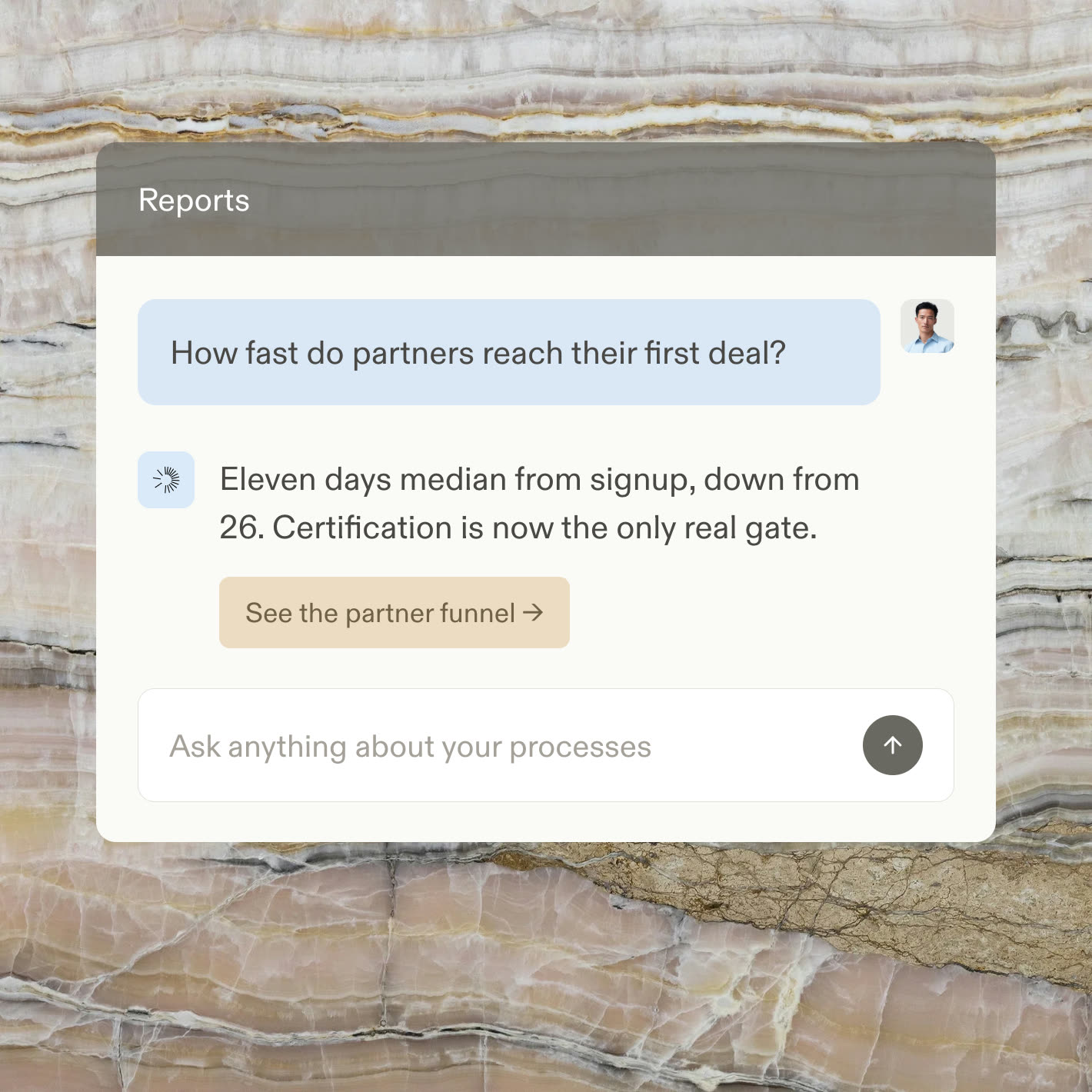 A reports chat answering which partner onboardings are stalled