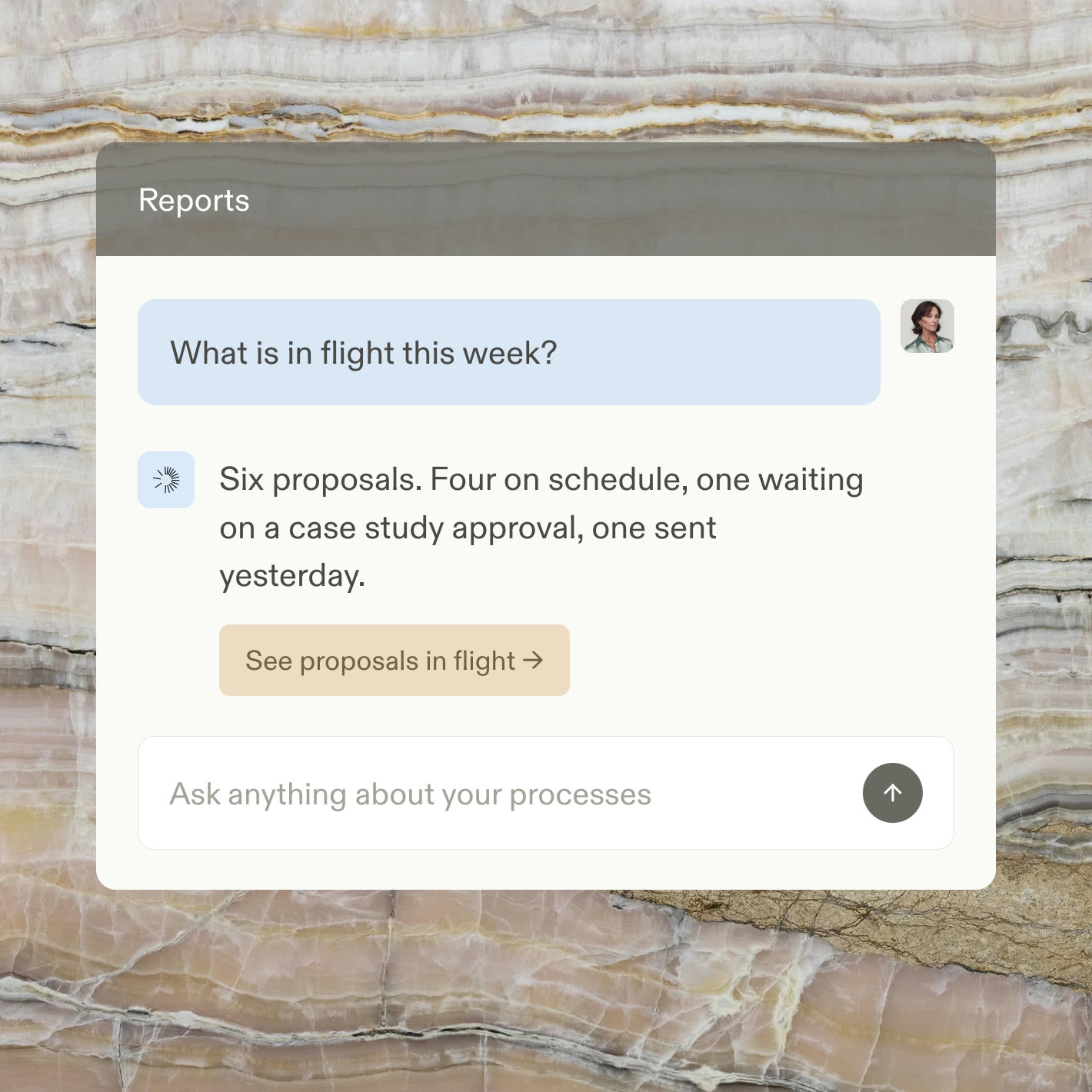 A reports chat answering which proposals are in flight this week