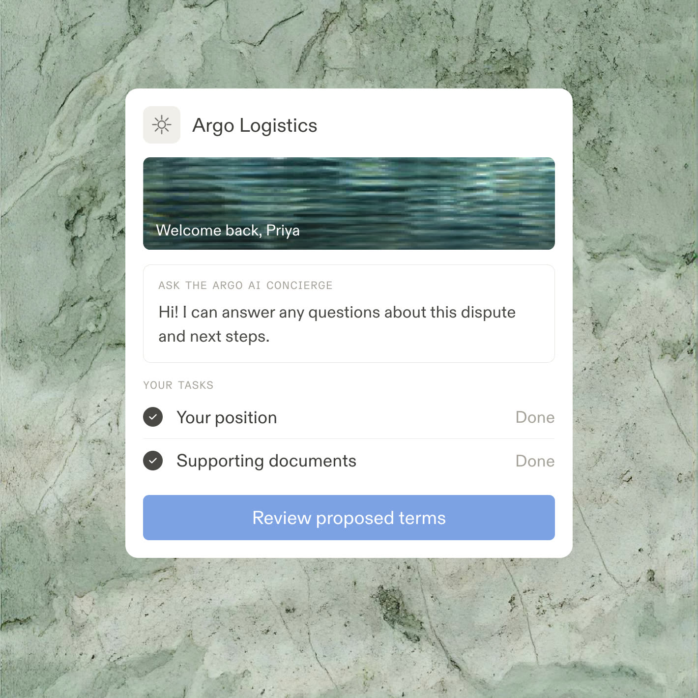 A branded page where a counterparty submits their position and evidence