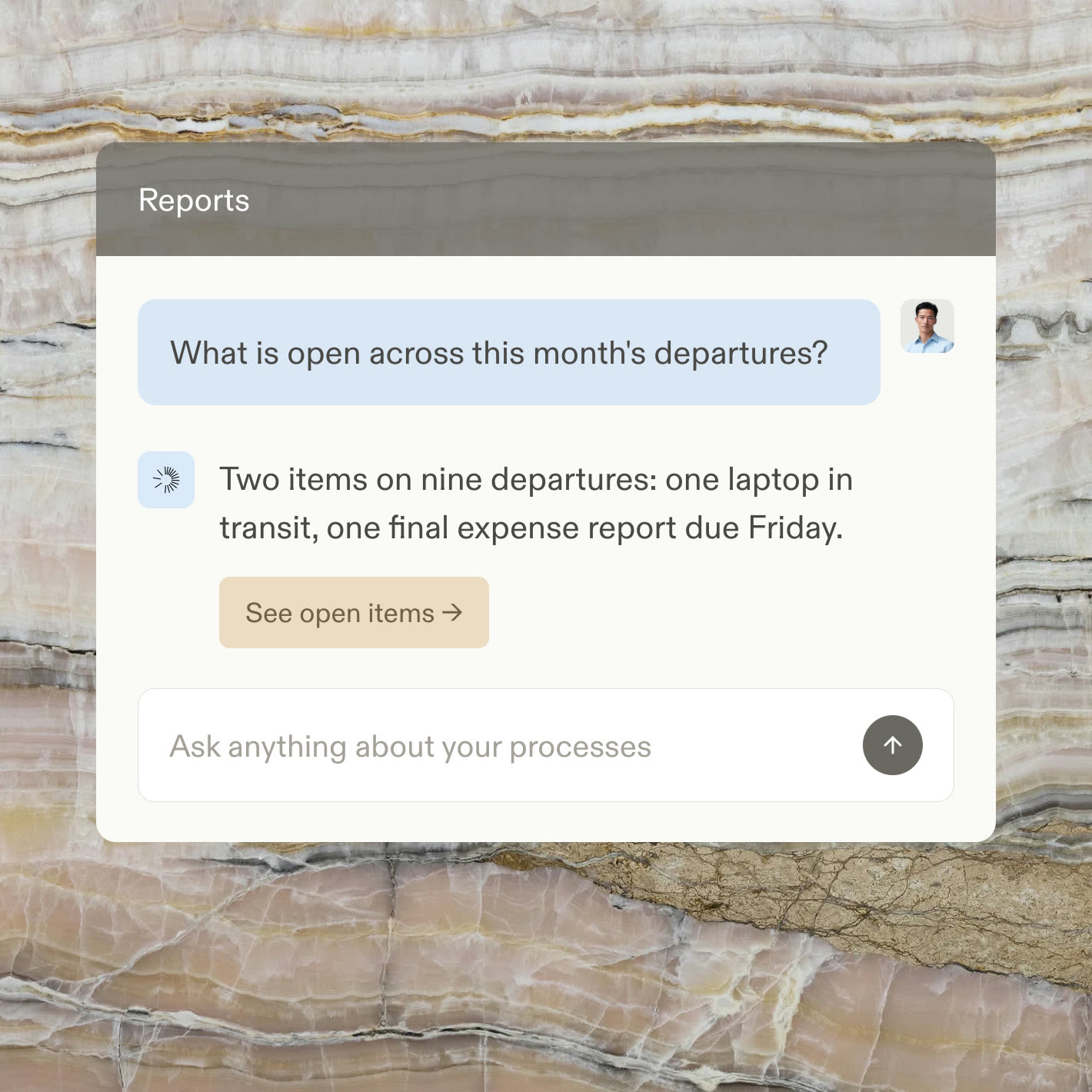 A reports chat answering which offboarding steps are overdue