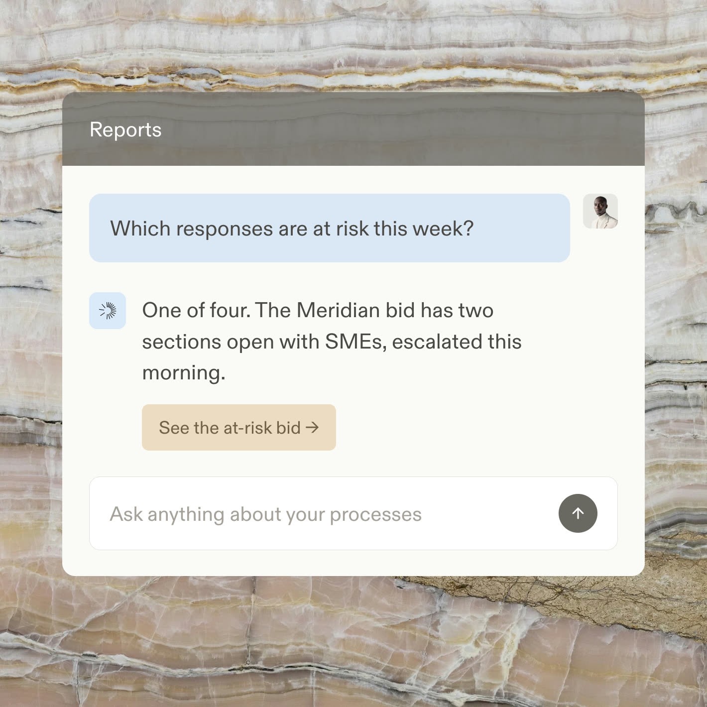 A reports chat answering which RFP responses are at risk this week