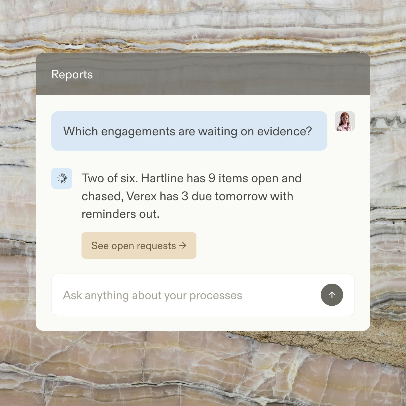 A reports chat answering which assessments are waiting on client evidence
